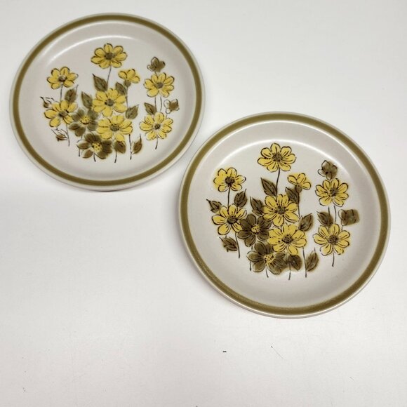 2- Stoneware 6" Dessert Cake Bread Plates, Spring Bouquet Yellow Flowers Green F - Picture 1 of 4
